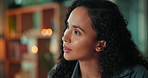 Woman, thinking and daydreaming with ambition in home for inspiration, memory or nostalgia. Thoughtful, female person or contemplating moment with vision for past life, remember or wonder in house