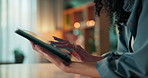 Woman, freelancer and browsing with tablet in home for research, online connection or network. Closeup, female person or user with technology, internet or app for web service, UI or UX in house