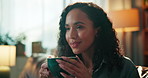 Woman, smell coffee and smile on sofa with aroma, scent and relax with thinking in lounge at home. Person, tea cup and warm drink with inspiration, reflection or happy on couch for break at apartment