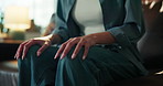 Anxiety, legs and hands of woman on sofa for uncertain, overthinking and emotional in home. Mental health, stress and person on couch with nervous, trauma and overwhelmed for panic attack in house