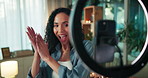 Dancing, influencer and woman with phone in home for video recording, tutorial or broadcast. Happy, music and female content creator with rhythm for vlog, new trend or social streaming in living room