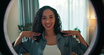 Dancing, influencer and face of woman in home for video recording, tutorial or broadcast. Happy, music and female content creator with rhythm for vlog, new trend or social streaming in living room.