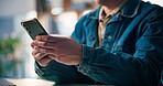 Typing, message and hands with smartphone, office and communication with contact for project update. Texting, online and person with mobile app for chat, web designer and consultation on social media