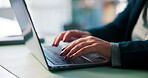 Hands, creative woman or typing on laptop in office for story research, email editor or publication. Media agency, content writer and tech for article planning, editing submission or writing headline