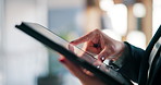 Business, hands and woman in office, tablet and financial agency with email, internet and accounting. Closeup, person or employee with fintech, stock market or subscription with trading or investment