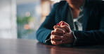 Hands, therapy and woman with anxiety in appointment for PTSD, trauma counseling or contemplating. Mental health, patient and pensive in clinic with panic, nervous or waiting for psychology diagnosis