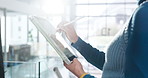 Creative woman, hands and writing with tablet or pen for digital design or drawing in office. Female person, employee or graphic designer sketching with technology for online marketing in workplace