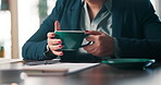Business woman, hands and coffee with paperwork at firm for legal research, case thinking or ideas. Lawyer, employee and clipboard with concentration for tribunal hearing report and lawsuit solution