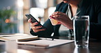 Phone, pills and hands of woman in office with research for medication side effects on telehealth app. Cellphone, medicine and corporate employee with tablets, vitamins or supplements in workplace.