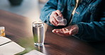 Pills, hands and woman in clinic with medicine, prescription and medication for recovery. Healthcare, tablets and patient with container for vitamins, supplements and drugs for medical symptoms