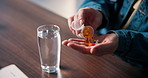Pills, above and hands of woman in home with medicine, prescription and medication for recovery. Health, water and person with container for vitamins, supplements and drugs for medical symptoms
