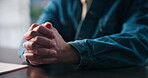 Nervous, hands and person with waiting in therapy for psychology evaluation, PTSD and overwhelmed. Mental health, patient and anxiety in clinic for counseling appointment, diagnosis and contemplating