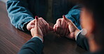 Holding hands, love and support with people in home together for grief counseling, loss or pain. Empathy, solidarity and trust with friends in apartment for bonding, confession or forgiveness