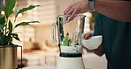 Berries, blender and hands with person in kitchen of home for breakfast, diet or health. Ingredients, smoothie and yoghurt with man in apartment for nutrition, weight loss drink or wellness recipe
