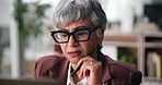 Computer, thinking and businesswoman in office with research for finance budget proposal. Ideas, technology and mature female financial manager working on investment report for client in workplace.