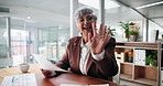 Documents, face and video call with business woman at desk in office for webinar or workshop. Paperwork, pov and wave with mature employee in workplace for greeting, introduction or virtual meeting
