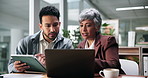 Laptop, meeting and business people on tech in office for project feedback, research and proposal review. Corporate, collaboration and woman with worker on tablet for discussion, strategy or planning
