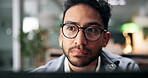 Thinking, man and project with laptop, office and working late for web design, employee or deadline. Reflection, UX designer and person with tech for assignment, online and creative agency at night