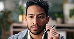 Thinking, solution or businessman in office for problem solving and investment banking task. Ideas, Asian auditor and professional banker in workplace with finance experience and financial report