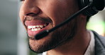Call center, talking and mouth of man in office for networking, contact us and online consulting. Professional, closeup and person with headset for IT service, communication and customer support