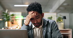 Mistake, loss or frustrated businessman on laptop for administration risk, fail or error report. Headache, stress or tired database administrator in office for tech glitch, project crisis or burnout
