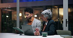 Meeting, night and business people on tech in office for finance review, planning and deadline. Corporate boss, collaboration and woman with man online for research, investment and financial report
