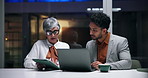 Meeting, night and business people on laptop in office for finance review, planning and deadline. Corporate, collaboration and woman with man online for research, investment and financial report