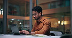 Laptop, night and typing with business man in office for planning, research deadline or schedule. Agenda, computer and report with busy employee person at work in evening for project management