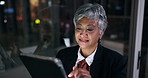 Mature, happy woman and night with tablet for business research, online testament or scroll in office. Female person, lawyer or attorney working late on technology for information or app in workplace