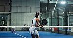 Back, tennis court and woman with padel, game and competition with health workout. Fitness, athlete and person with practice, exercise and training with tournament, challenge or contest with wellness