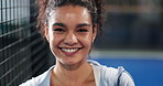 Face, athlete and woman with smile on court for padel tennis, sports training and competition. Portrait, female person and happy with fitness, game performance and match practice for tournament event