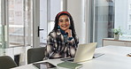 Face, creative and woman with laptop in office for career pride, editing article and review feedback. Portrait, journalist and pc for about us, proofreading story and news information for publication