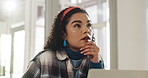 Laptop, reading and thinking with business woman at desk in office for creative planning or strategy. Computer, design and problem solving with employee in workplace for web development ideas