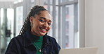 Face, laptop and happy business woman in office as magazine editor with ambition. Portrait, smile and professional African worker with computer, creative and publication intern laughing in startup