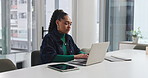 Creative, woman and typing on laptop in office for journal feature, editing publication or headline. Media agency, journalist and tech for writing article draft, proofreading or newsletter submission