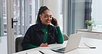 Business, phone call and woman in office, smile and laptop with online interview for news report. Happy person, employee and journalist in workplace, cellphone and communication with feedback or chat