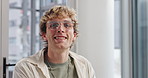 Face, creative and happy business man with confidence, pride and about us with copywriter. Portrait, glasses and smile with professional employee for career opportunity as content writer in Sweden