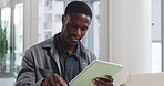 Business, black man and reading on tablet in office for research, editor feedback and article ideas. Journalist, digital and writing notes for story, fact check and draft update of publication agency