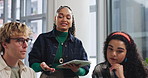 Collaboration, explain and tablet with business people in office together for feedback or review. App, development and training with employee group at desk in workplace for planning or strategy
