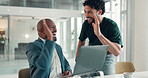 Men, high five and celebration with trading at startup, success and applause with profit at company. Business people, team and happy for goals, revenue or excited for investment growth at agency