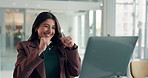 Happy, woman and fist pump with laptop in office for good news, article success and bonus. Excited, journalist and pc with positive feedback, story funding and celebration for publication achievement