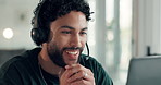 Happy man, consultant and talking with headset in call center for customer service or advice. Businessman, agent or discussion with mic for virtual assistance or online telecommunication in workplace