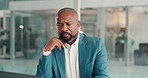 Business man, laptop and serious with thinking for finance decision, bookkeeping or budget review. Accountant, mature black person or tech in office for report analysis, wealth management or solution