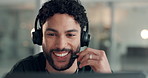 Happy man, consultant or discussion with headset in call center for customer service in office. Businessman, agent and talking with smile or mic for virtual assistance, online advice or communication