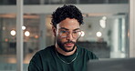 Man, thinking and laptop in office for reading, report and project management at web design company. Person, explanation and idea with agreement, review and feedback negotiation at creative agency