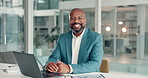 Happy, laptop and face of black man in office with confidence for finance career growth. Computer, smile and portrait of African financial manager with pride for job development in workplace.