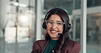 Business woman, face and consultant with headset in office for online advice or customer service. Portrait, female person or agent with smile or mic for virtual assistance or help in call center