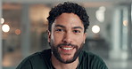 Face, office and happy business man with pride for career opportunity with news editor at night. Smile, employee and portrait of confident worker with reporter, creative journalist or bokeh in Dubai