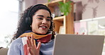 Happy woman, freelancer or video call with laptop for discussion, conversation or help in home. Female person, remote work or talking with headset or mic for virtual meeting, online chat or advice
