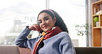 Face, happy and woman with laptop at house for remote work, editing article and story research. Portrait, journalist and relax with pc of creative writing, editor feedback and publication information